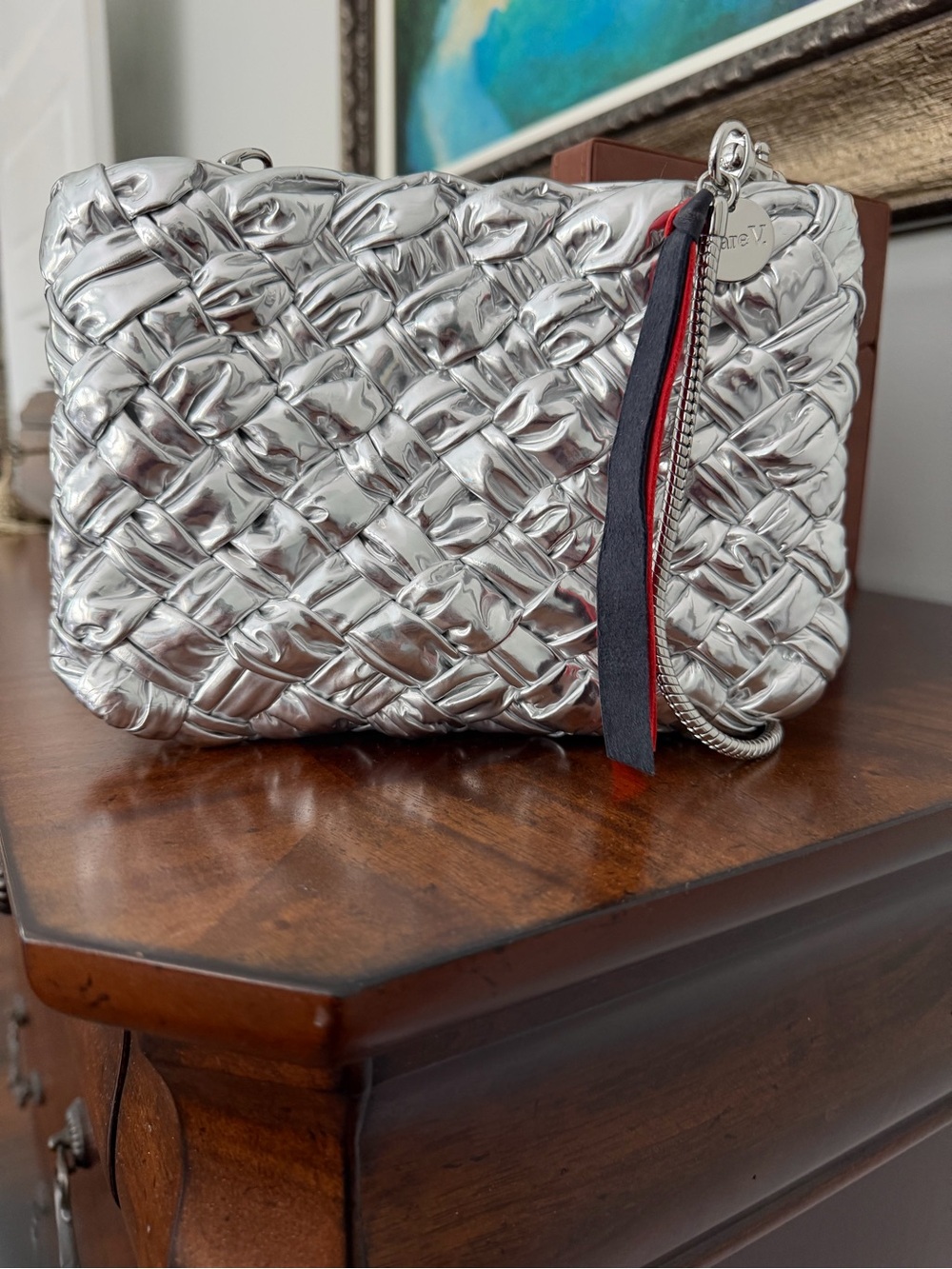 Claire V Estelle Silver Woven Leather crossbody  with Tassel & Dust bag